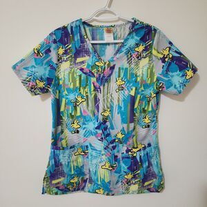 Peanuts Womens Cotton Scrub Top Woodstock XS Blue Colorful Pockets Short Sleeve